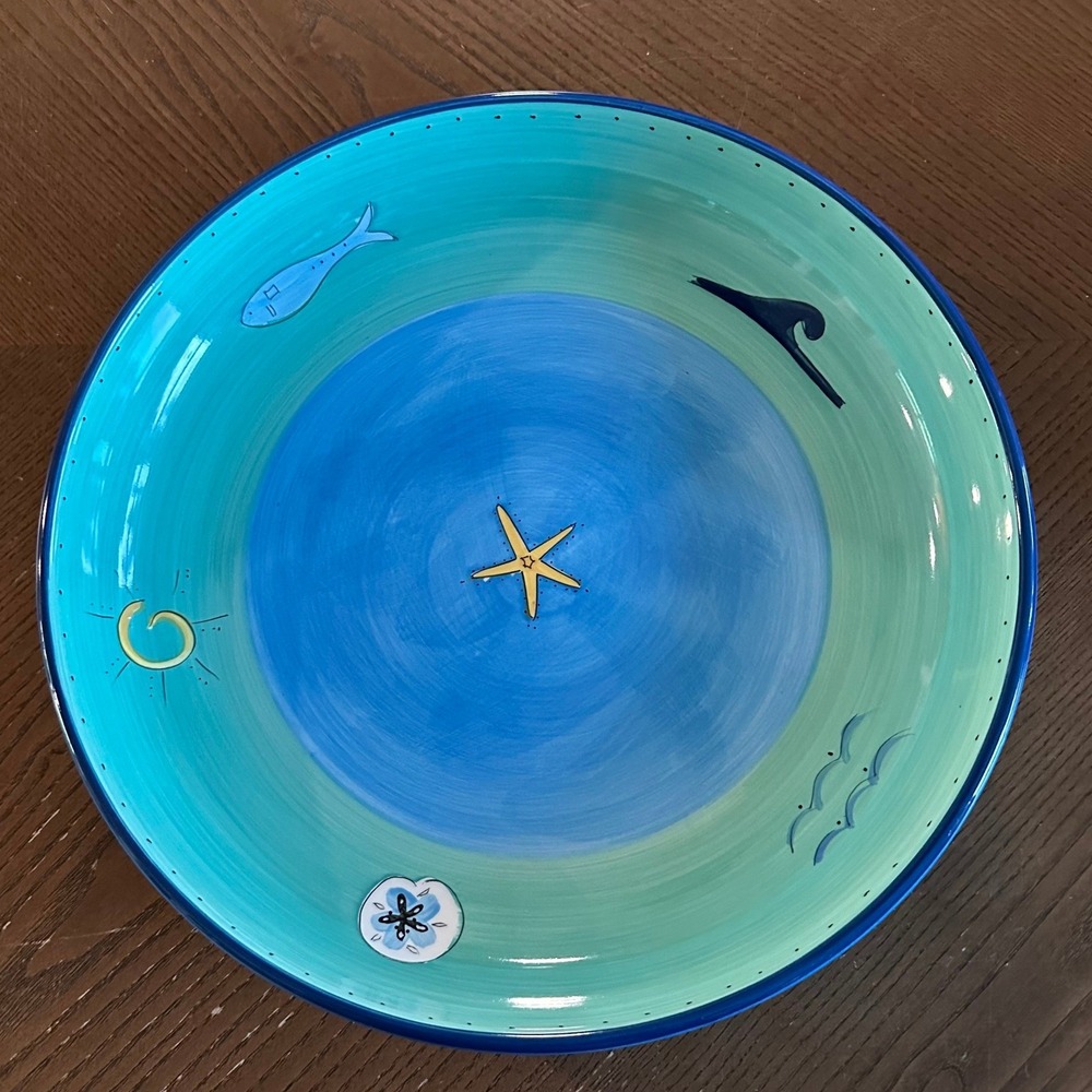 Brushes Handpainted K.I.C Ceramic Pasta Bowl 13 Inch Coastal Starfish Beach Blue